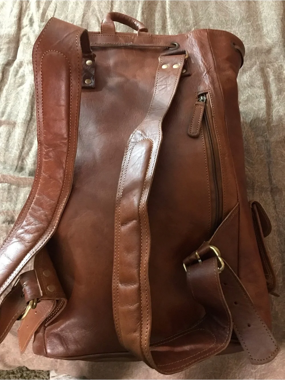 Classic Brown Leather Backpack with Front Buckle Pockets